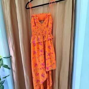 For Love And Lemons Vibrant Orange Dress with Floral Accents